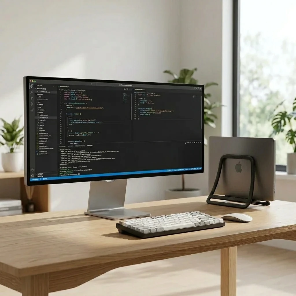 Nexstand K11 Vertical Stand in a professional minimalist desk setup
