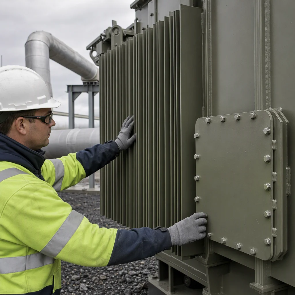 Technician inspecting the radiator bank and bolted inspection cover of a corrosion-protected geothermal transformer