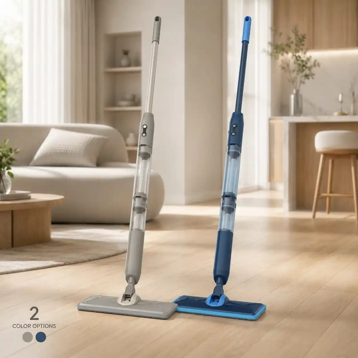 T8 cordless spray mop in cream white and blue colour options standing on a wood floor