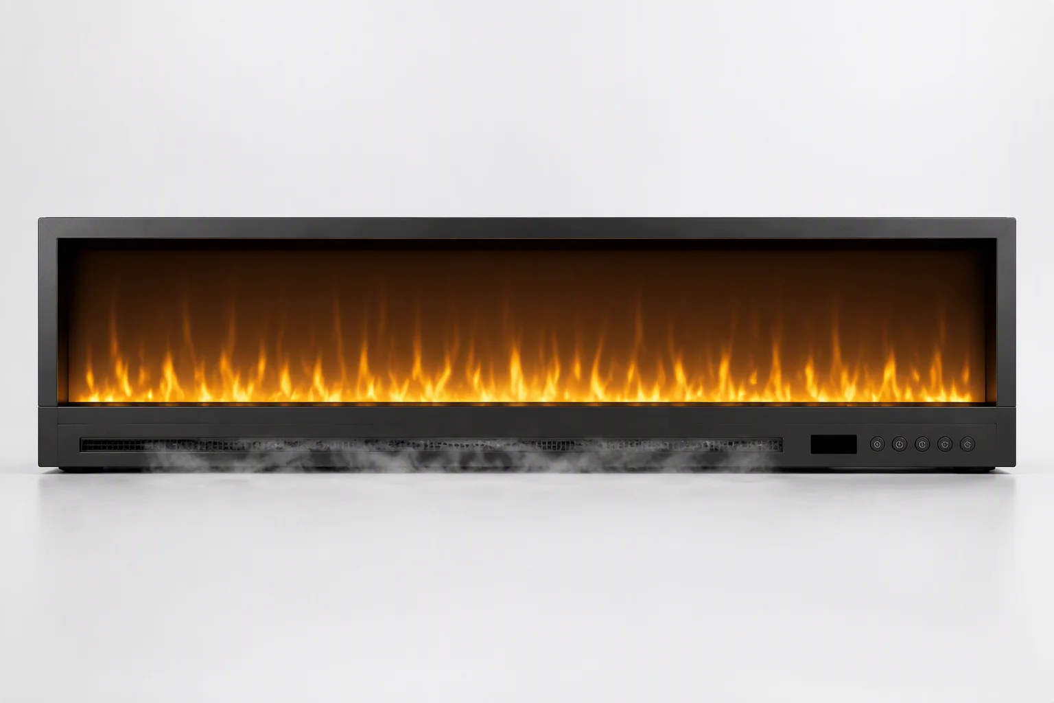 Wide large-screen mist fireplace with broad flame display, drifting mist and button control strip