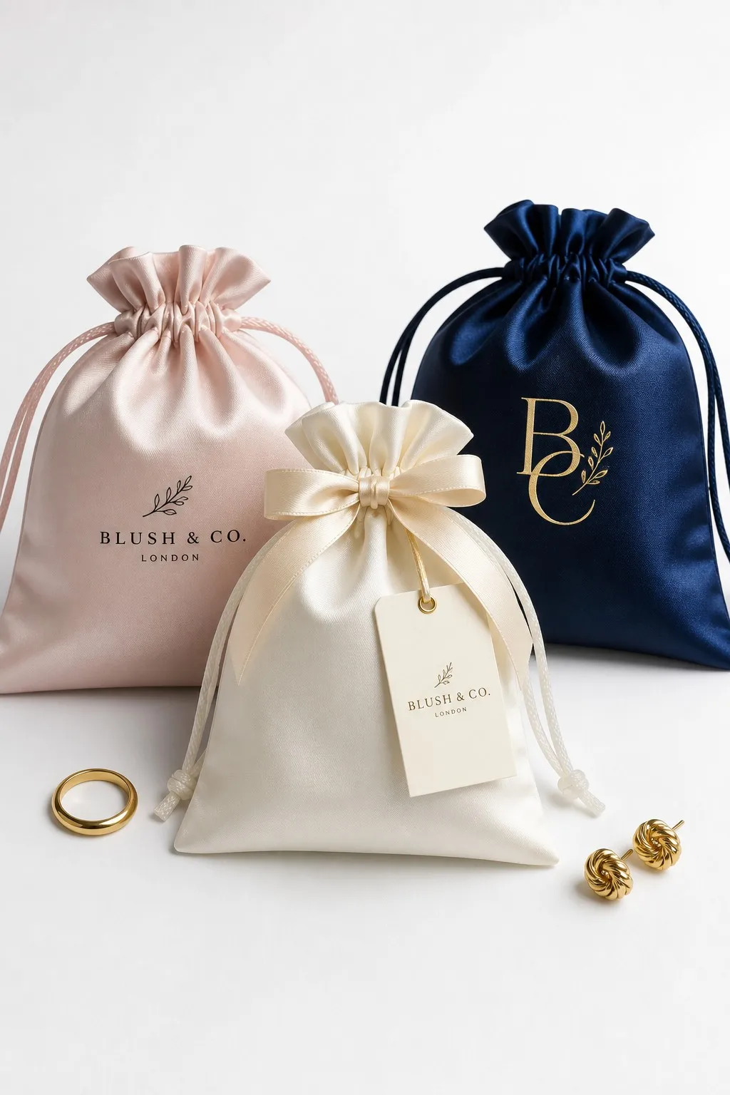 Three custom satin dust bags in blush pink, ivory, and navy with printed logo, ribbon bow and hang tag, and gold foil monogram