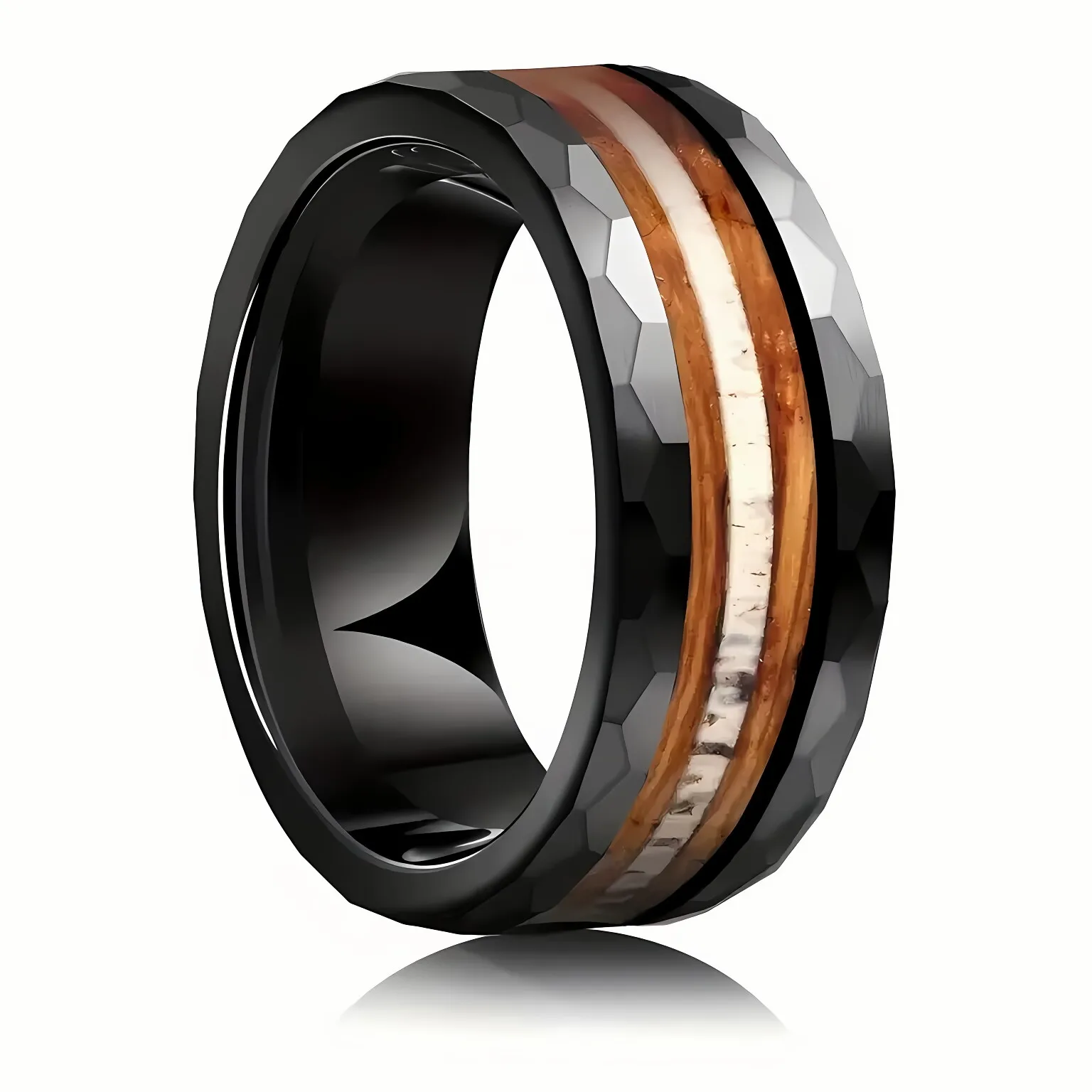 POYA 8mm Tungsten Carbide Ring Hammered Whiskey Barrel Wood Antler Inlay Black Gold Plated Engagement Wedding Ring Christian