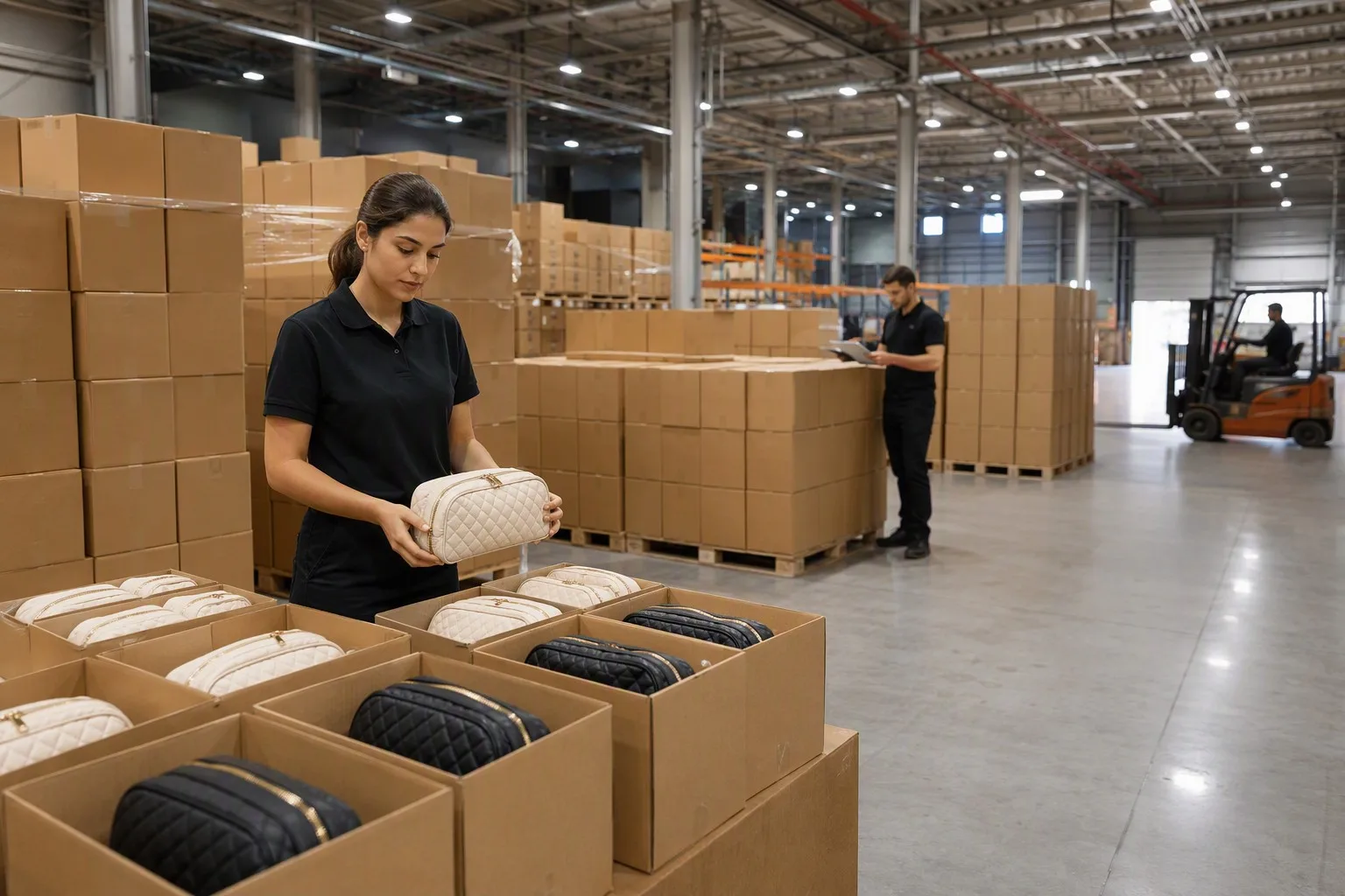 Professional cosmetic bag factory shipping area with cartons on pallets ready for global shipment