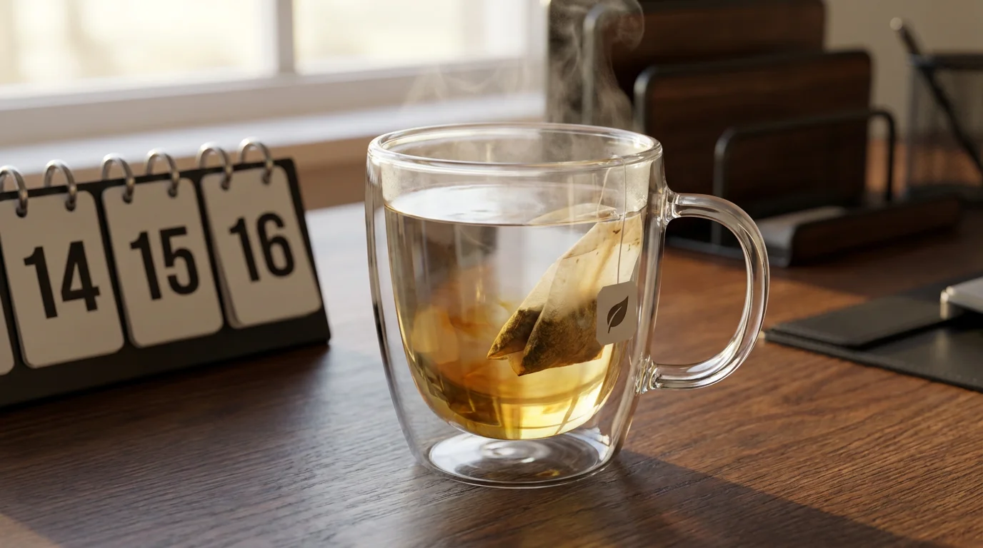 Brewing Bloom Hormone Balance Tea at Office Desk