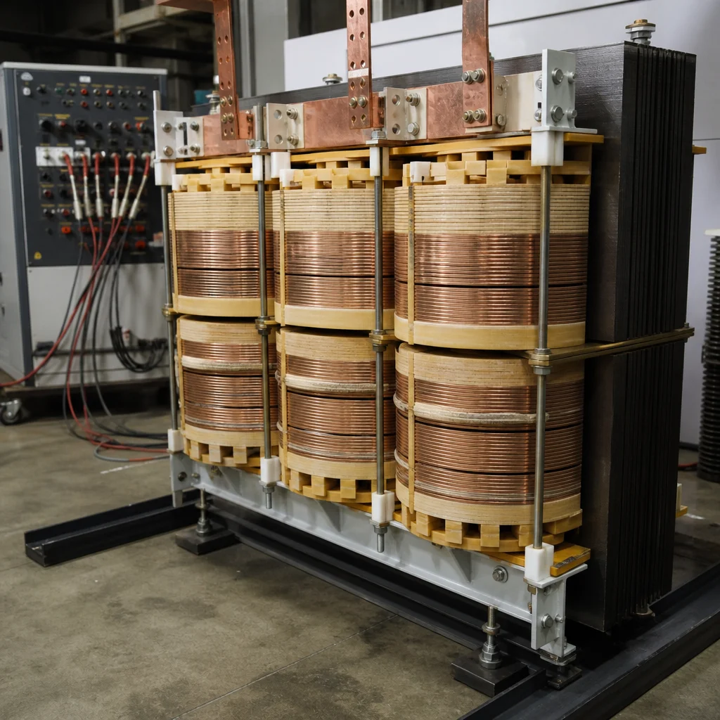 Dry type transformer winding and core assembly in the Ryan Electric test bay