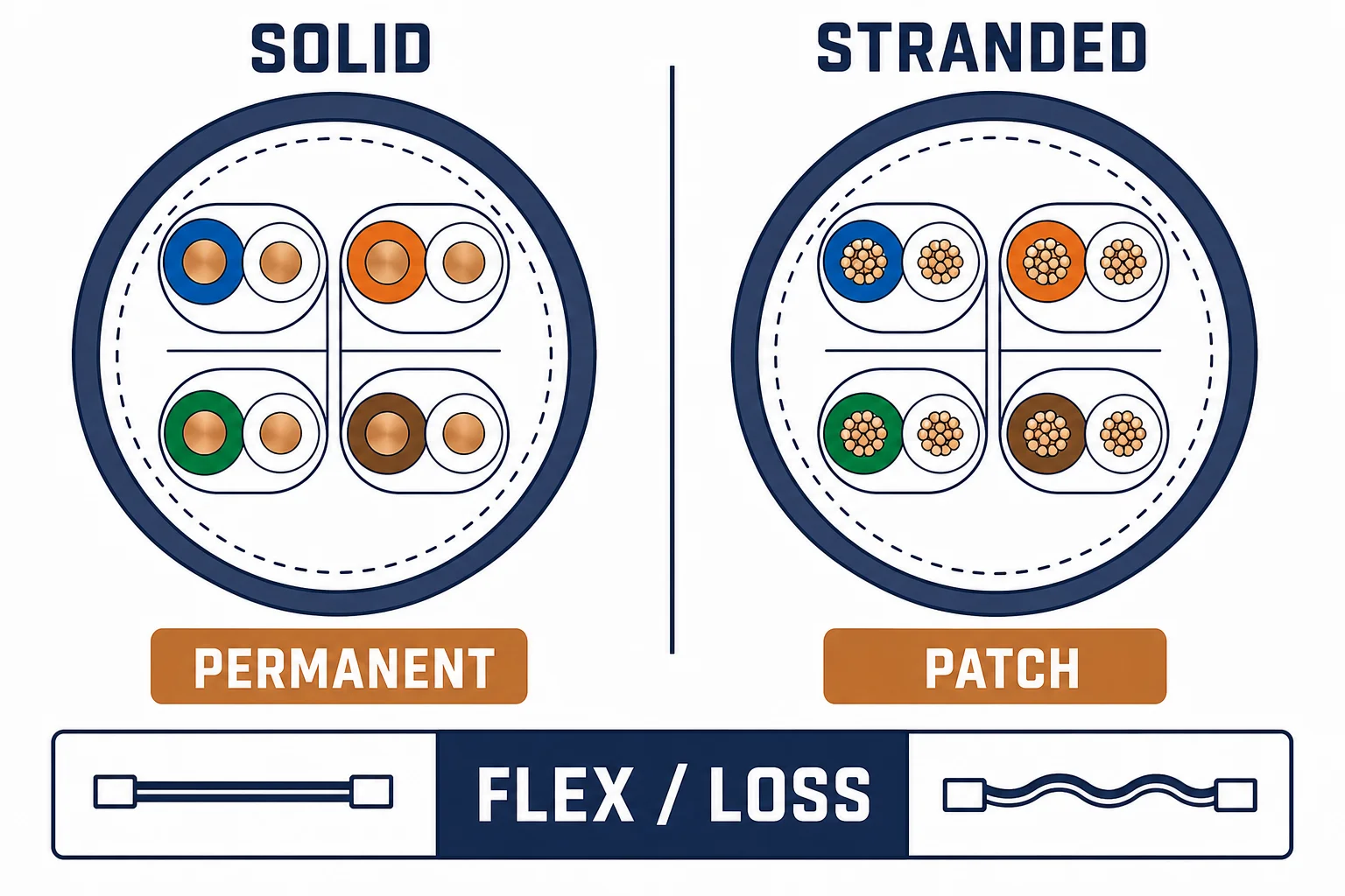 Cross-sections of solid and stranded Cat6 conductors with permanent and patch labels