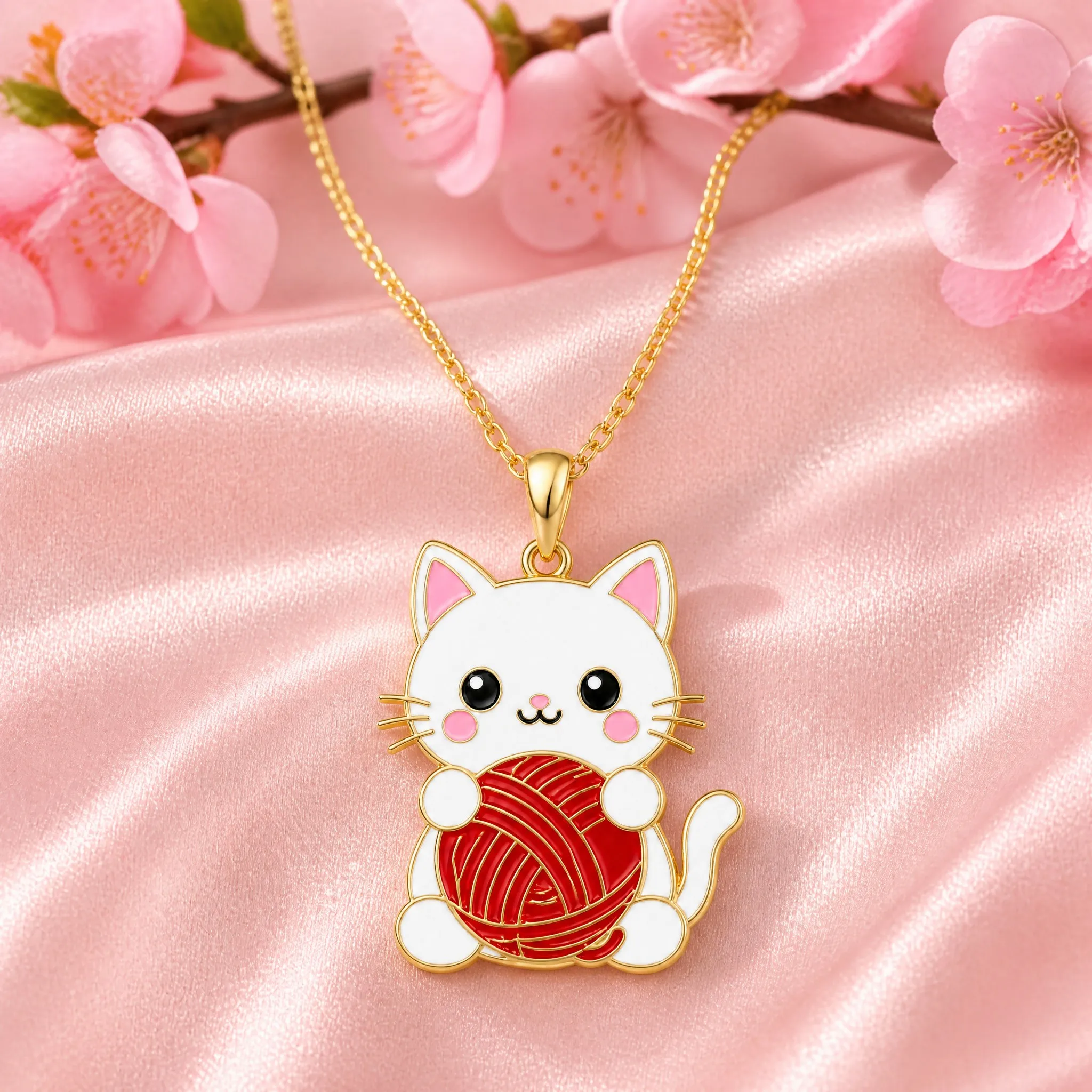 Cat pendant necklace styled on pink satin with cherry blossoms