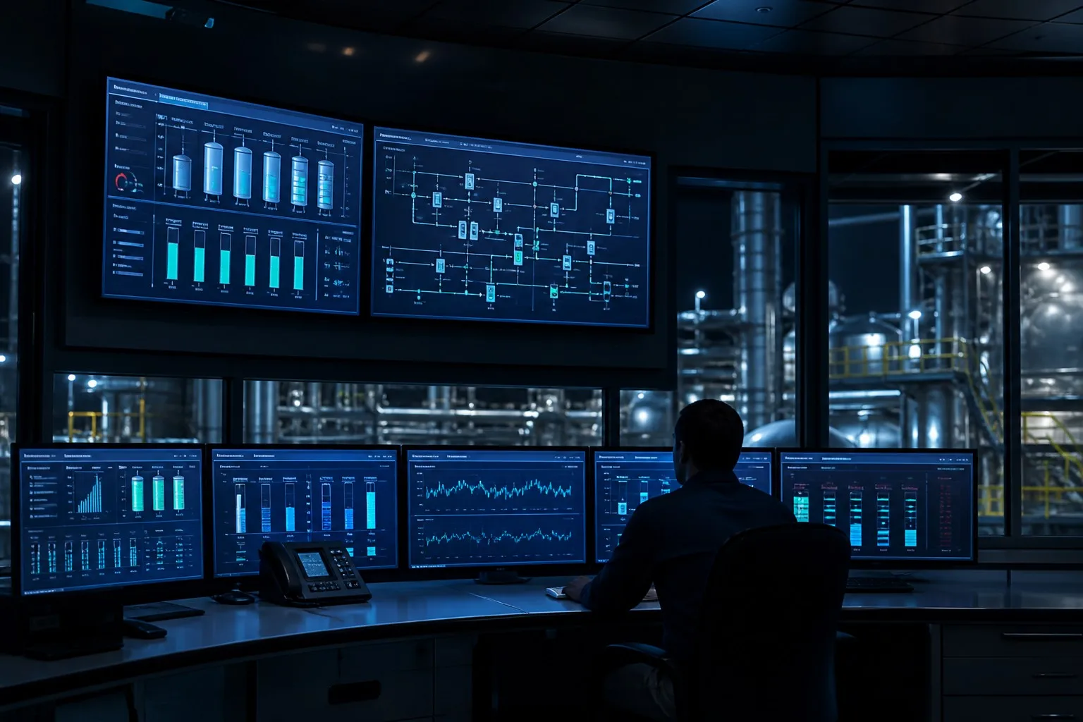 Control room with SCADA monitoring for wastewater processes