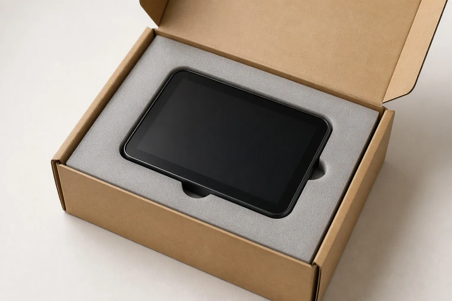 Generic device seated snugly in a die-cut closed-cell foam insert inside an open shipping box