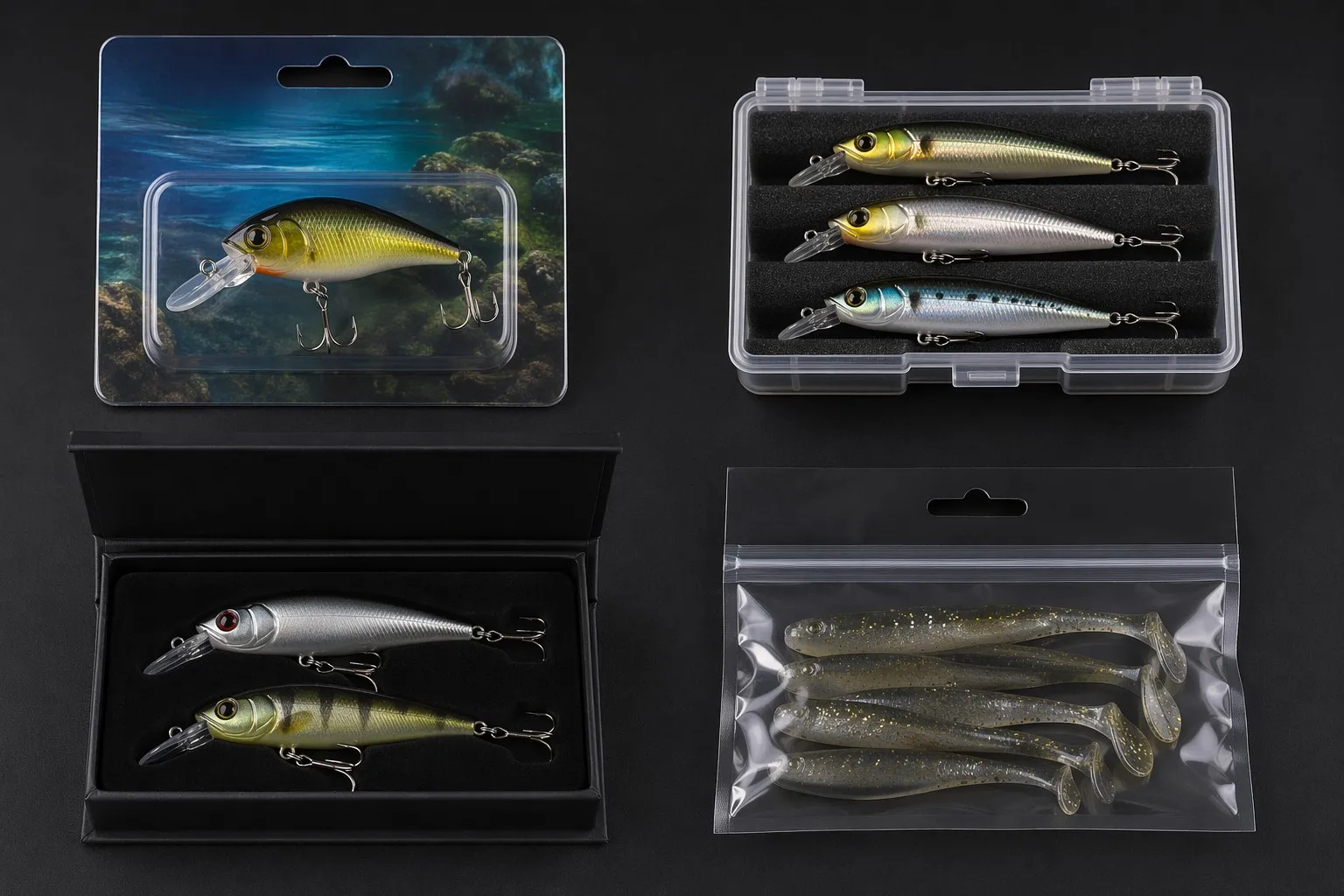 Fishing lure packaging — blister card, snap box, gift box, bulk bag