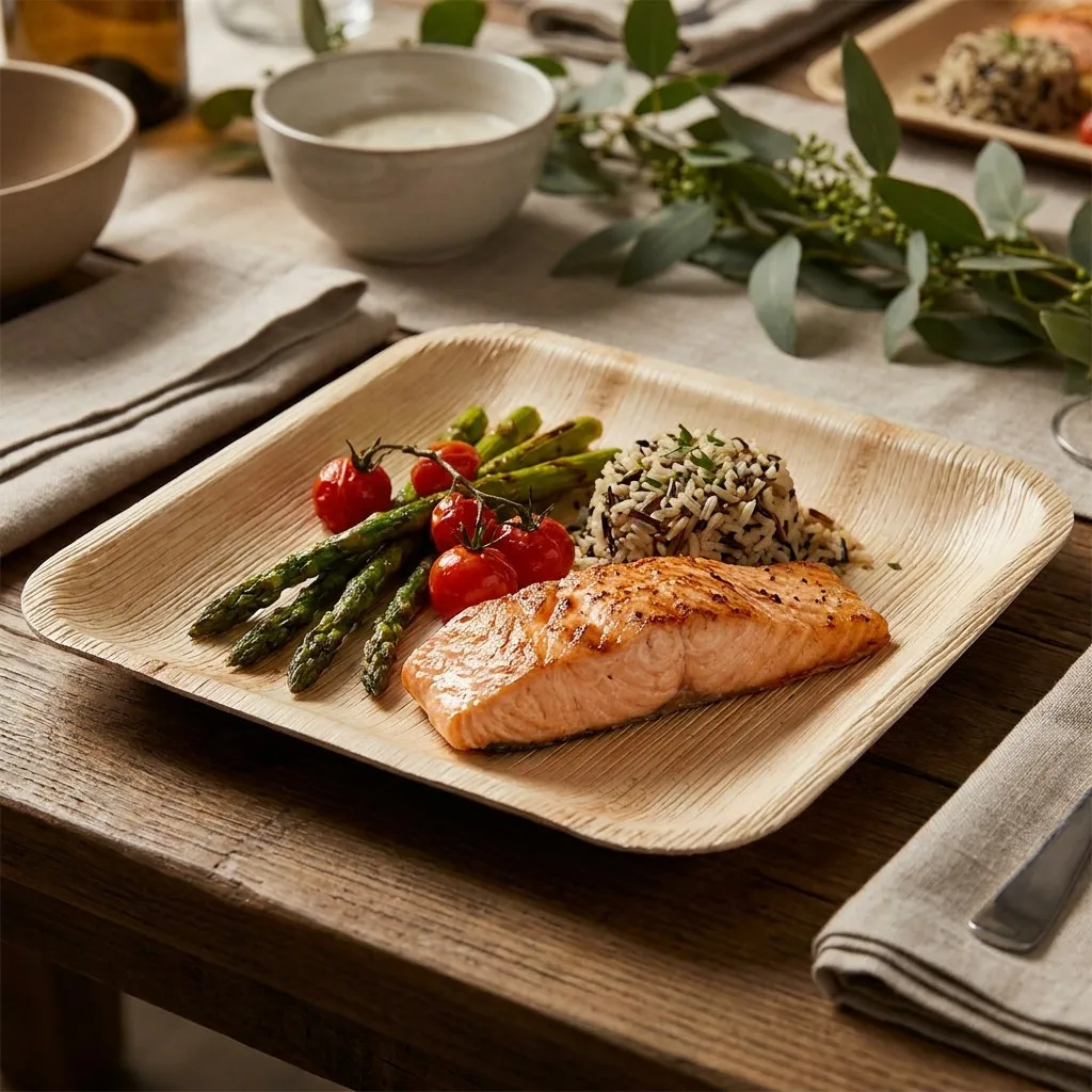 Square disposable bamboo dinner plate with grilled salmon roasted vegetables and rice plated meal