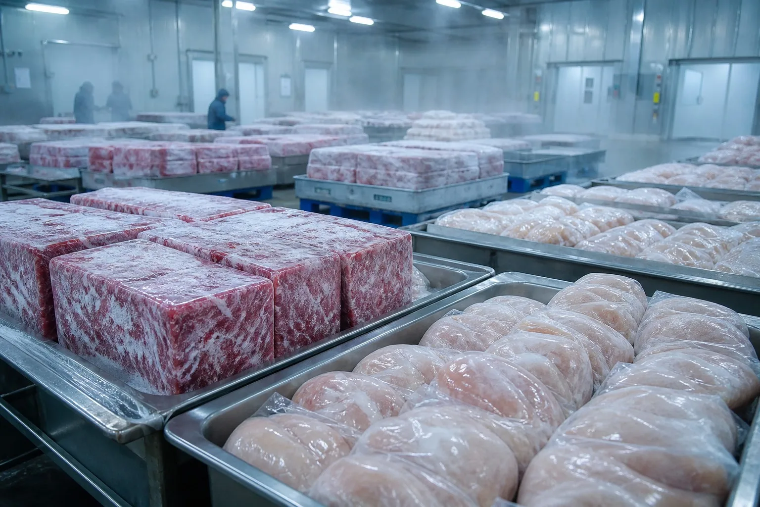 Frozen meat blocks in cold storage