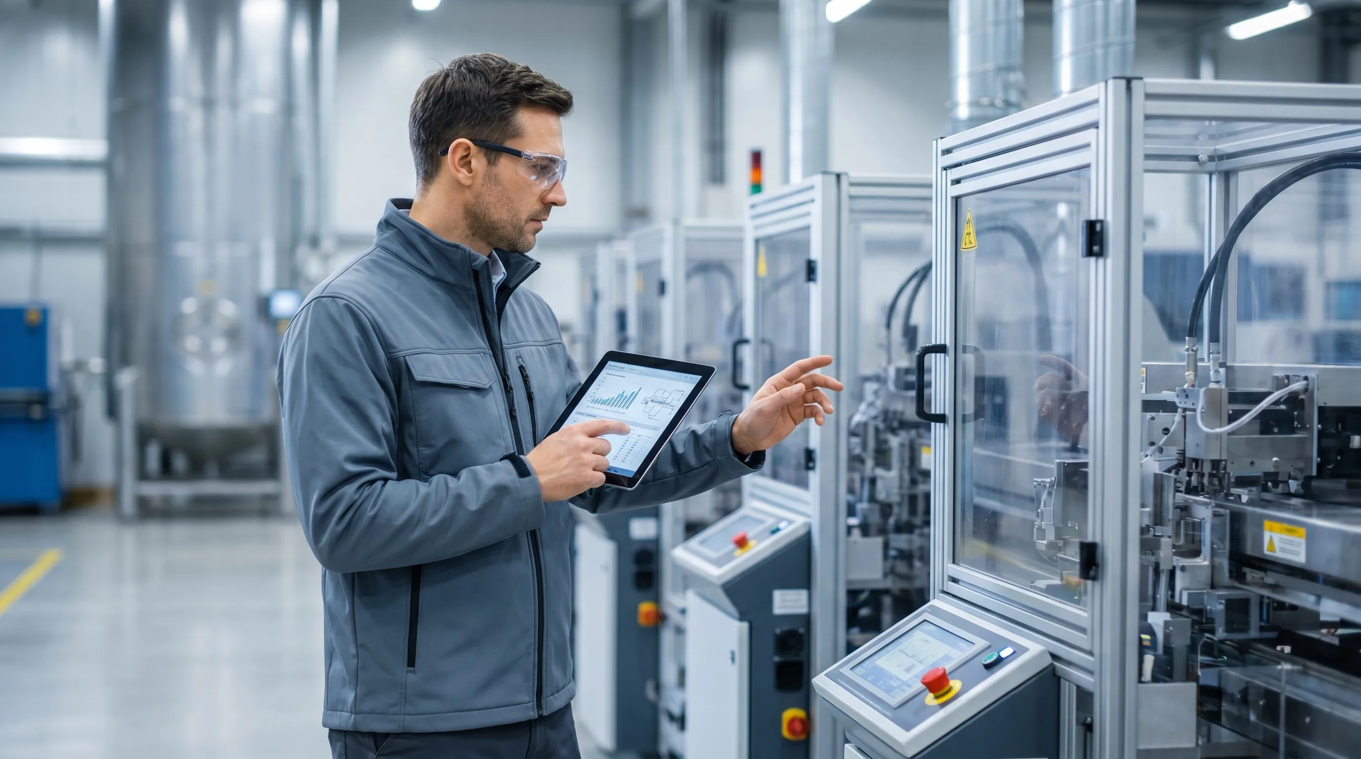 Consultor t&eacute;cnico evaluando l&iacute;neas de m&aacute;quinas para fabricar clavos de alta velocidad