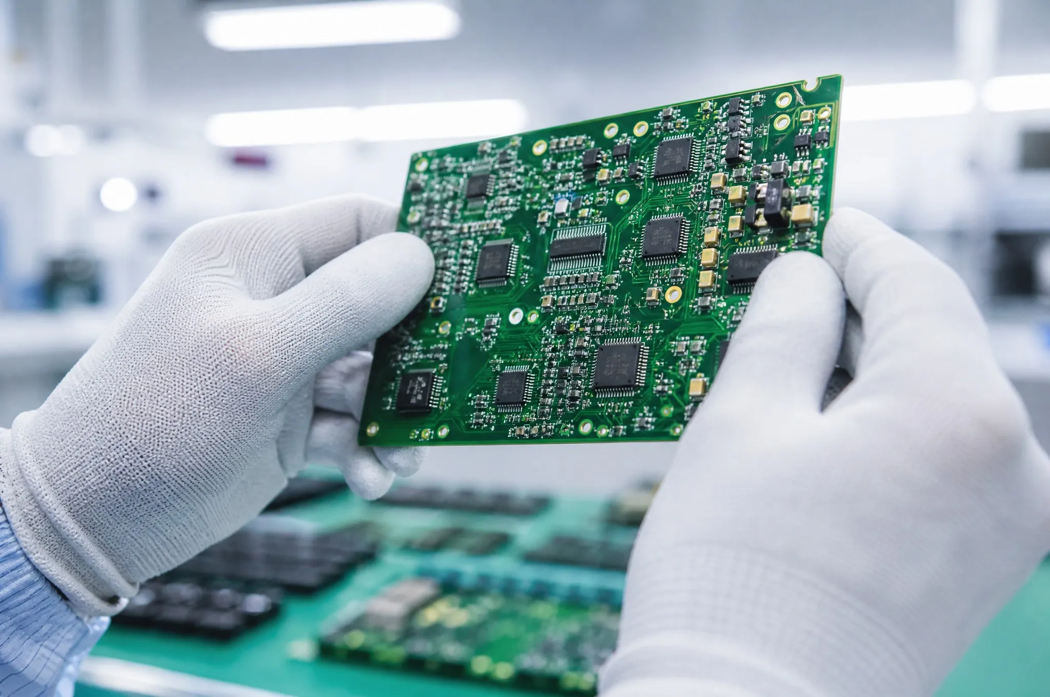 Engineer inspecting a PCBA in ESD gloves