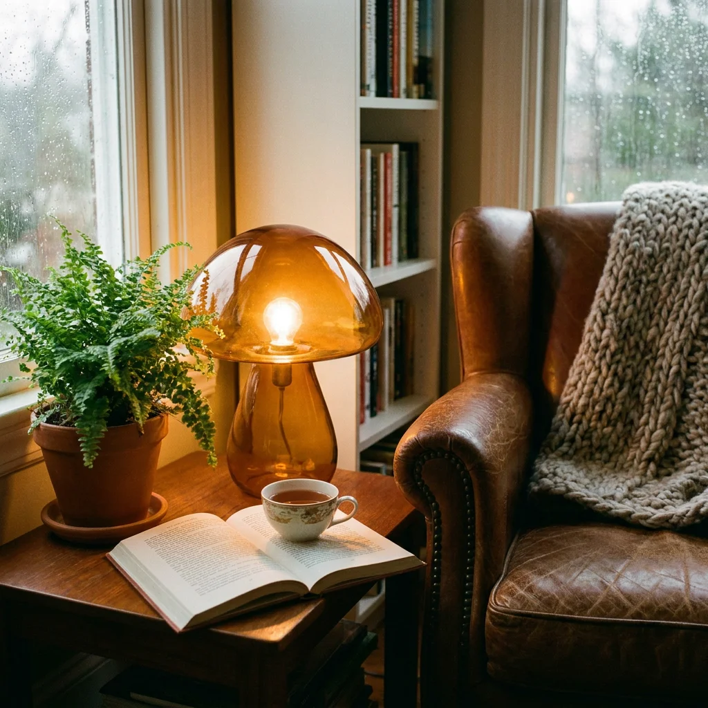 Coin lecture cosy avec une lampe champignon, un livre ouvert et une plante verte