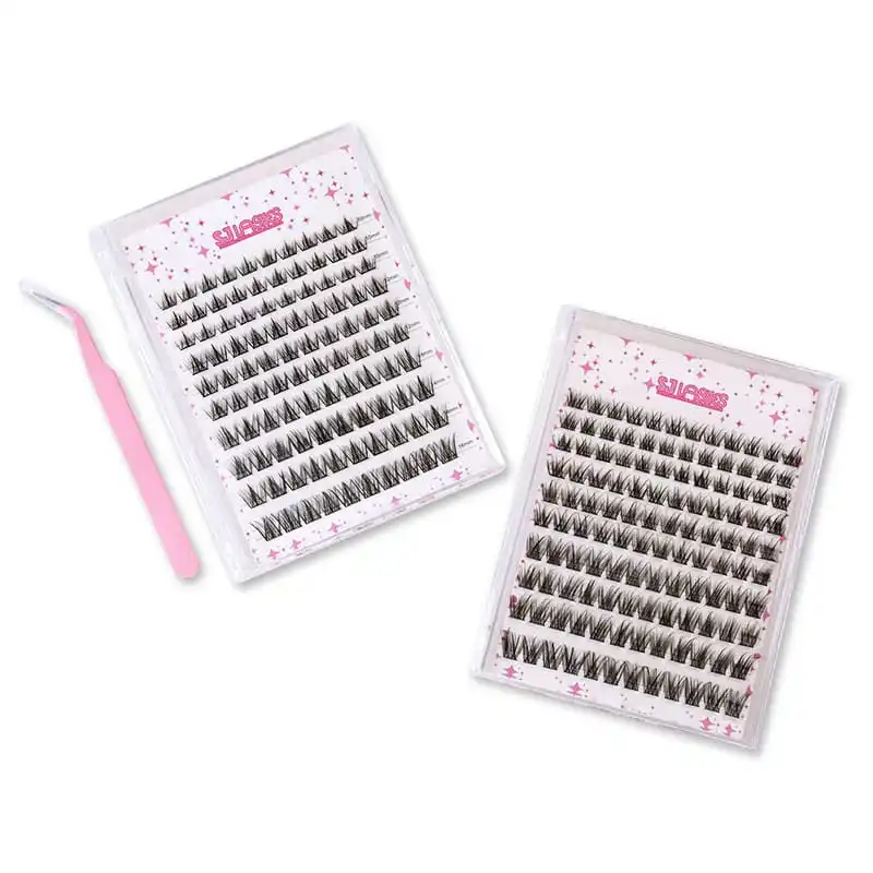 Two clear lash cases with printed pink segment lash cards inside, one open at an angle, with a pink pair of lash tweezers beside them on a white background - clear lash case packaging