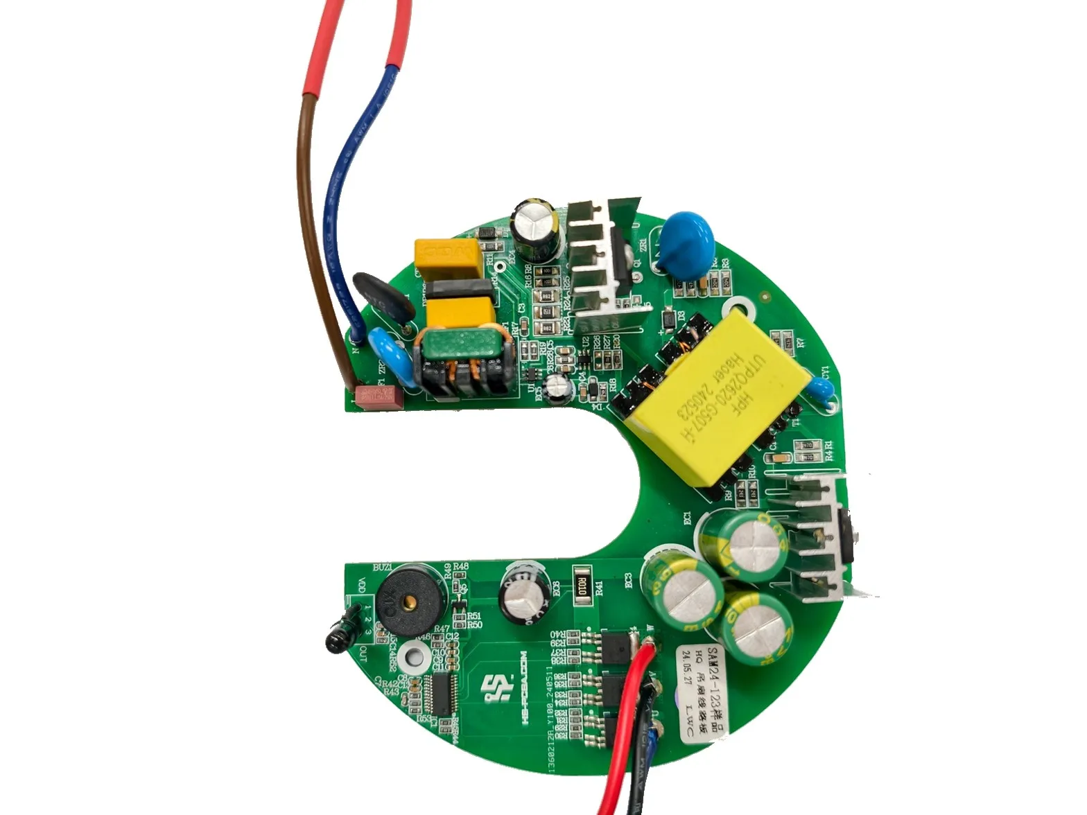 C-shaped BLDC ceiling fan driver board with transformer, capacitors and heatsink