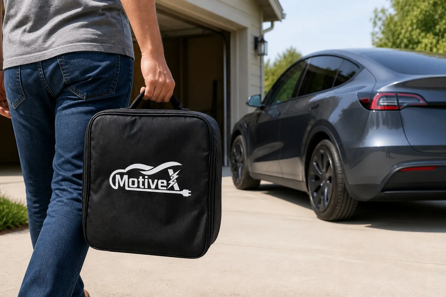 MotiveX storage bag being carried by hand from a home garage toward a parked electric vehicle