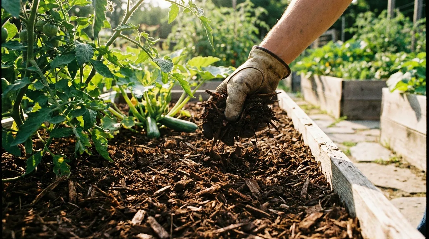 Dark organic mulch in a summer garden