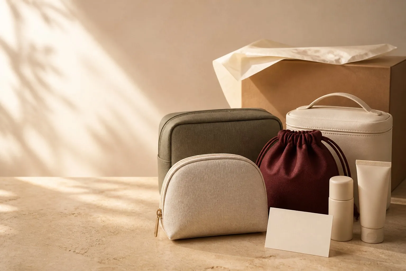 Unbranded cosmetic pouches and gift-set components arranged for a beauty brand promotional concept