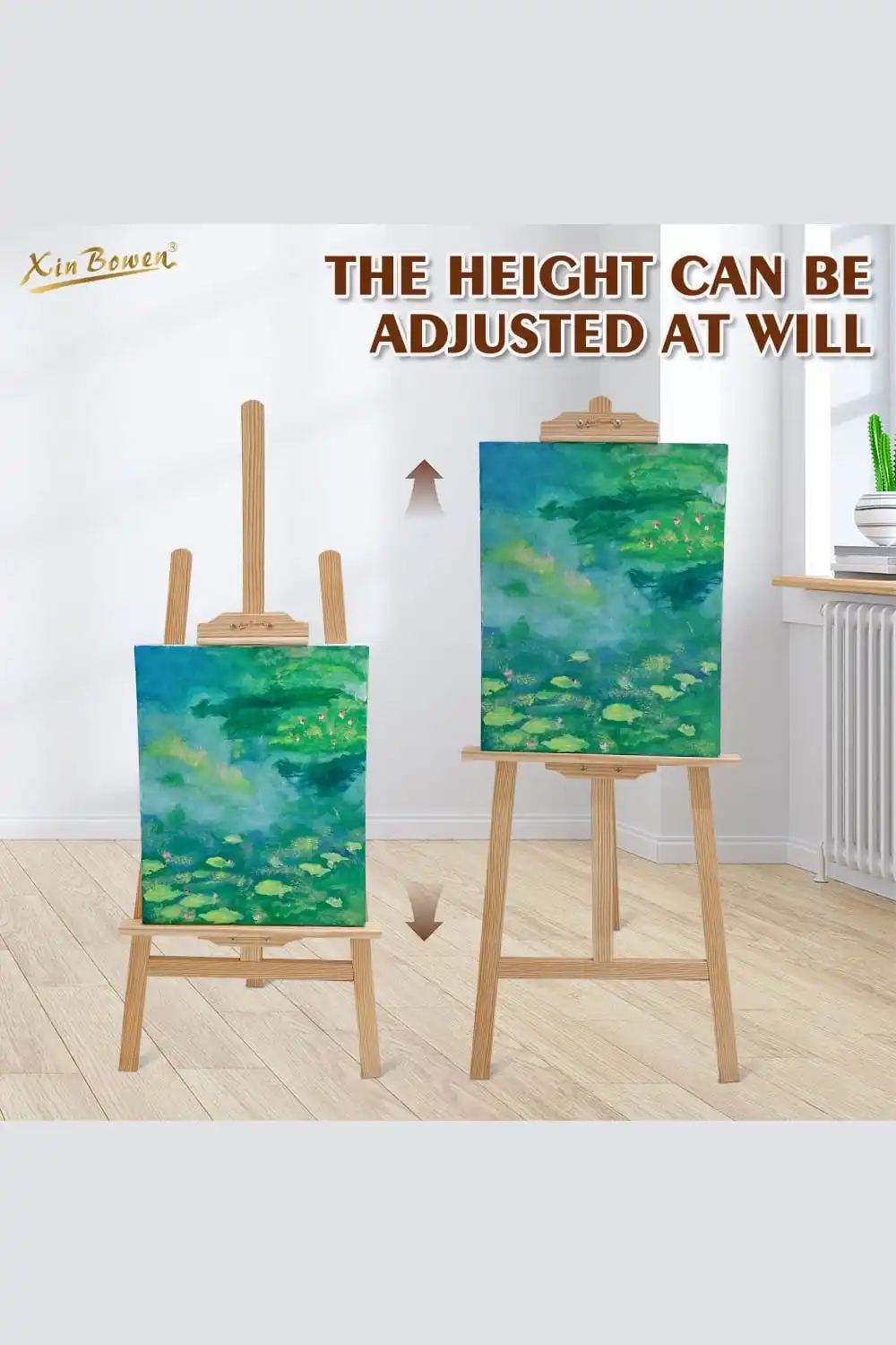 Adjustable height wooden easel for artists, showing the mast adjustment range