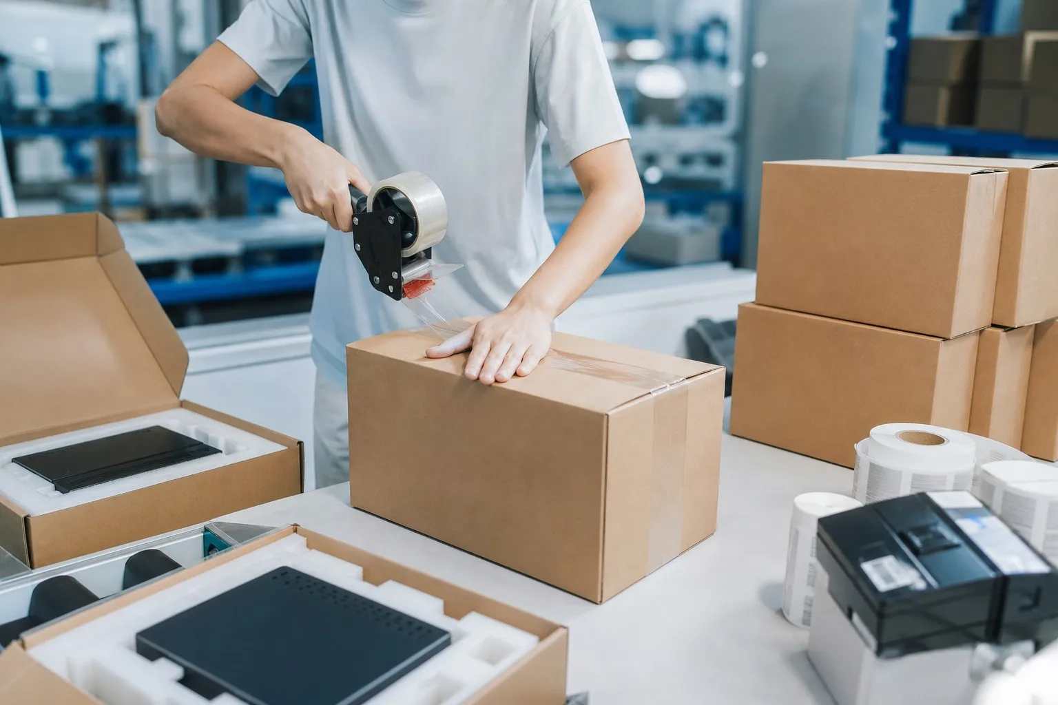 Packaging and fulfillment workstation for electronic products