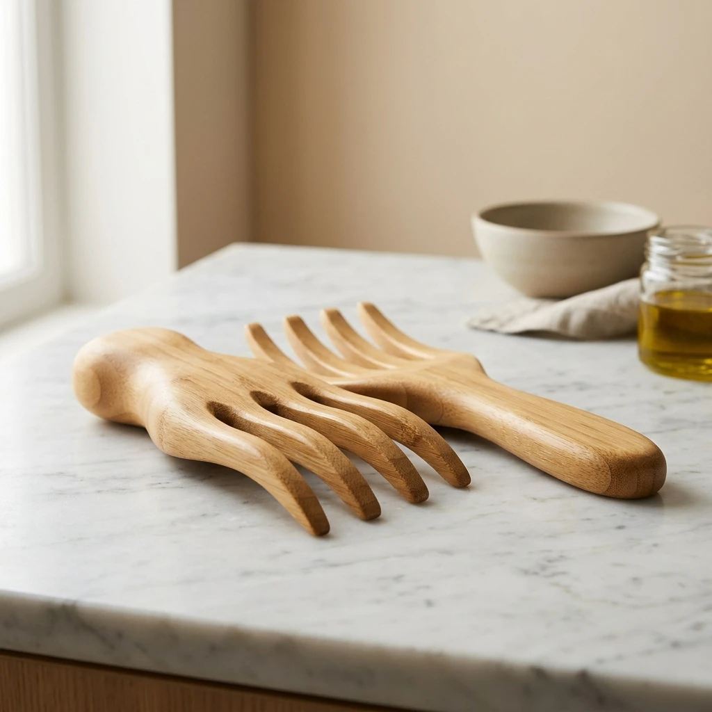 Modern bamboo salad hands - pair of ergonomic sculpted wooden salad tossing utensils on marble surface