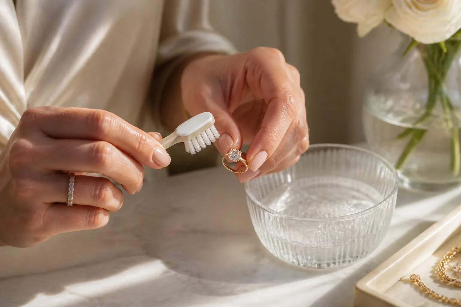 Woman gently cleaning a lab-grown diamond ring at home