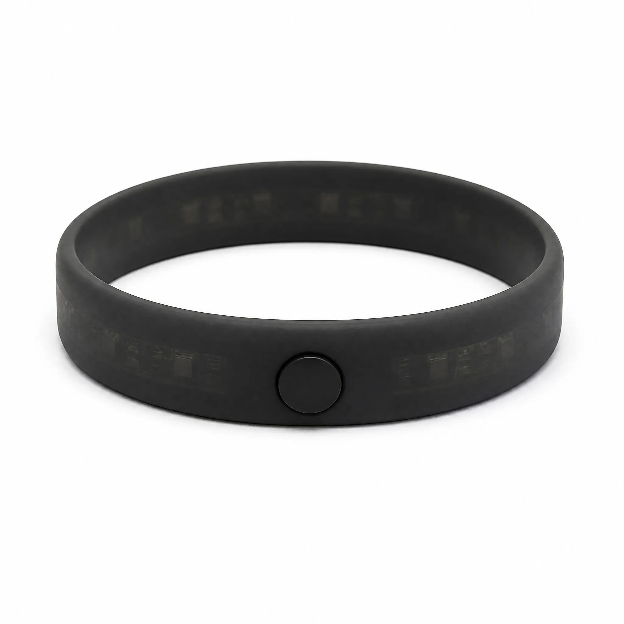 Custom LED silicone bracelet matte black with waterproof button on white background