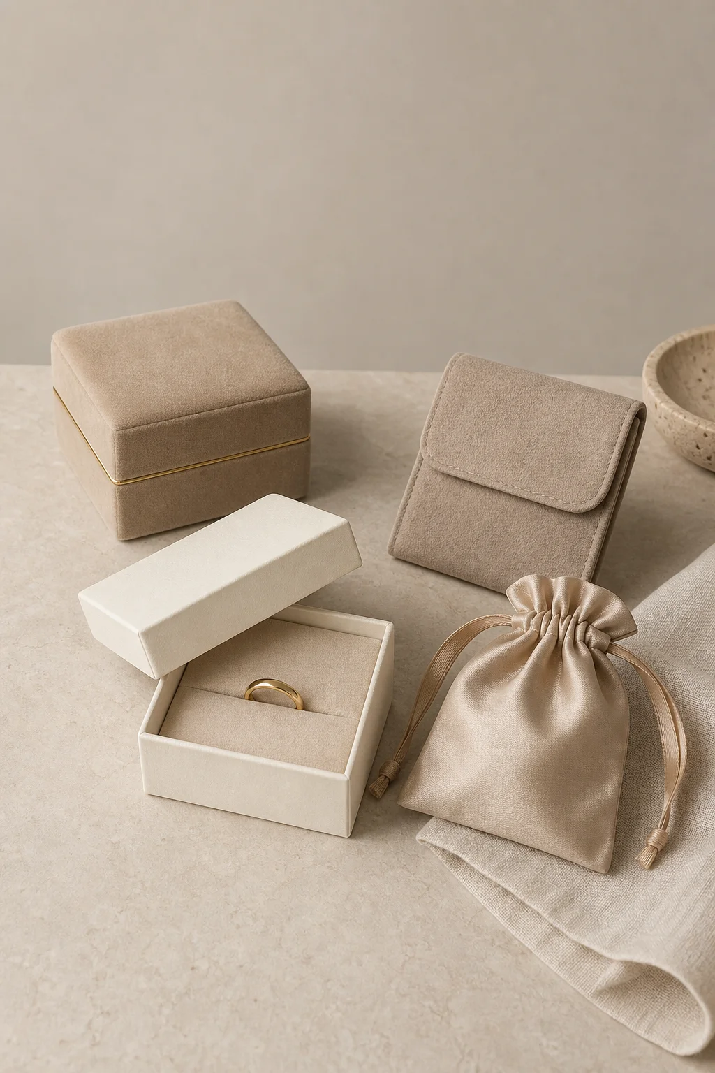 Beige jewelry packaging: a closed beige velvet rigid box with a gold trim line at the lid seam, an ivory rigid box with the lid lifted to show a sand suede insert holding a gold ring, a beige satin drawstring pouch, and a taupe suede flap pouch
