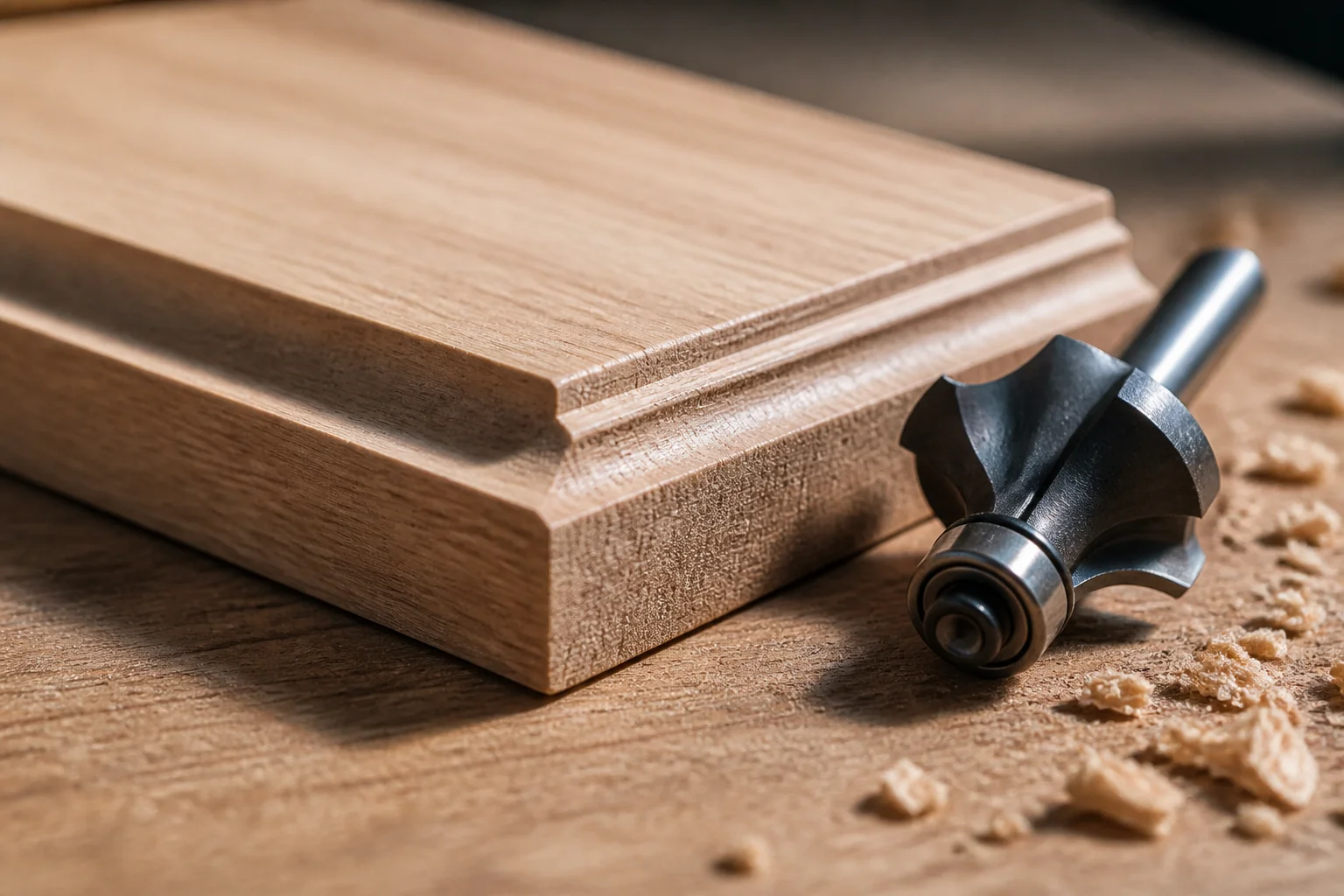 Macro view of a finished routed hardwood moulding profile beside a bearing-guided router bit