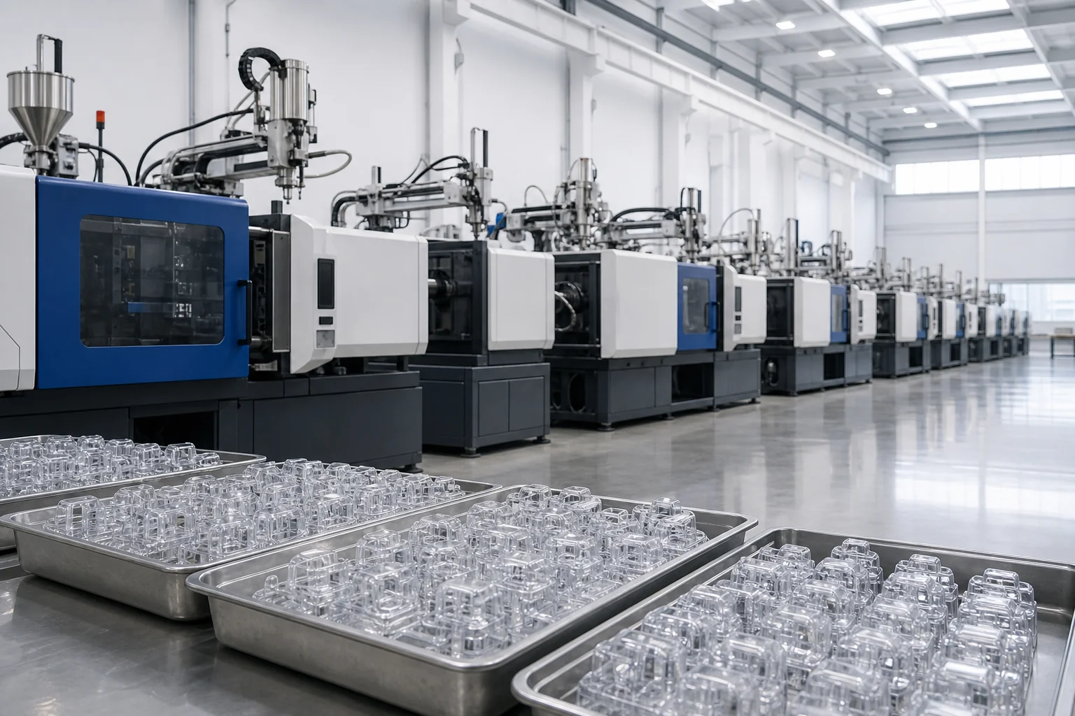 Injection molding machine line in the Zhongshan factory with trays of freshly molded clear plastic parts