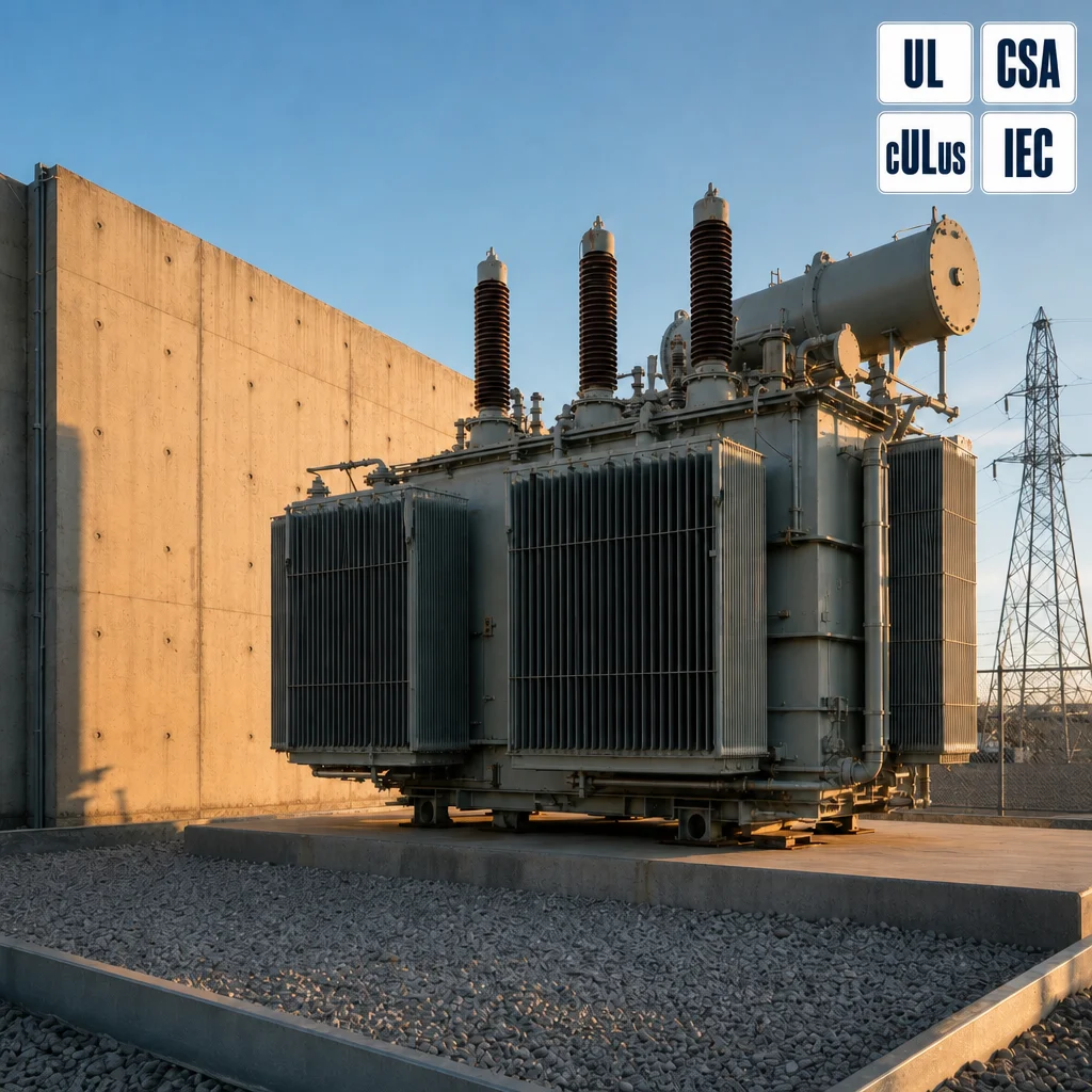 Oil-immersed transformer on a concrete pad beside a reinforced concrete fire wall, transformer fire protection