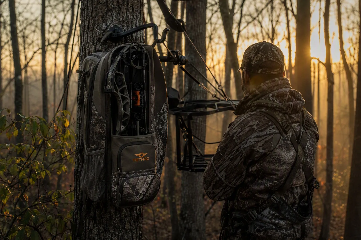 info-1-1 Bowhunter with compound bow secured in a silent hunting backpack with brushed tricot fabric in a misty forest