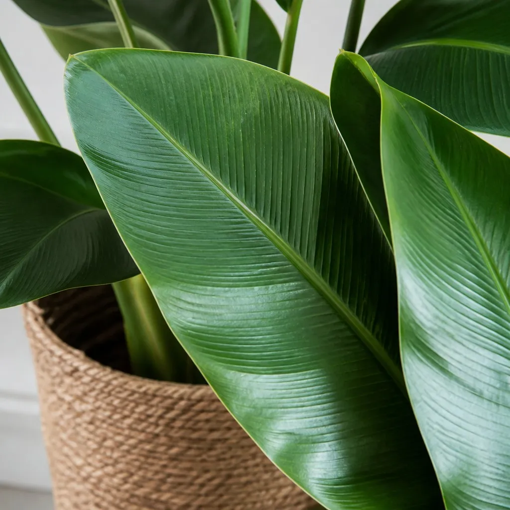 Extremely realistic artificial banana leaves plant details and textured silk foliage close-up.