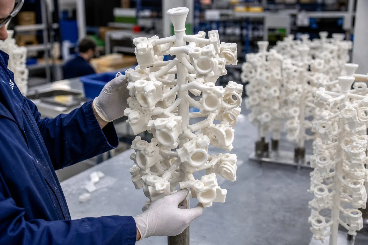Wax tree assembly with many white wax patterns welded to central runner