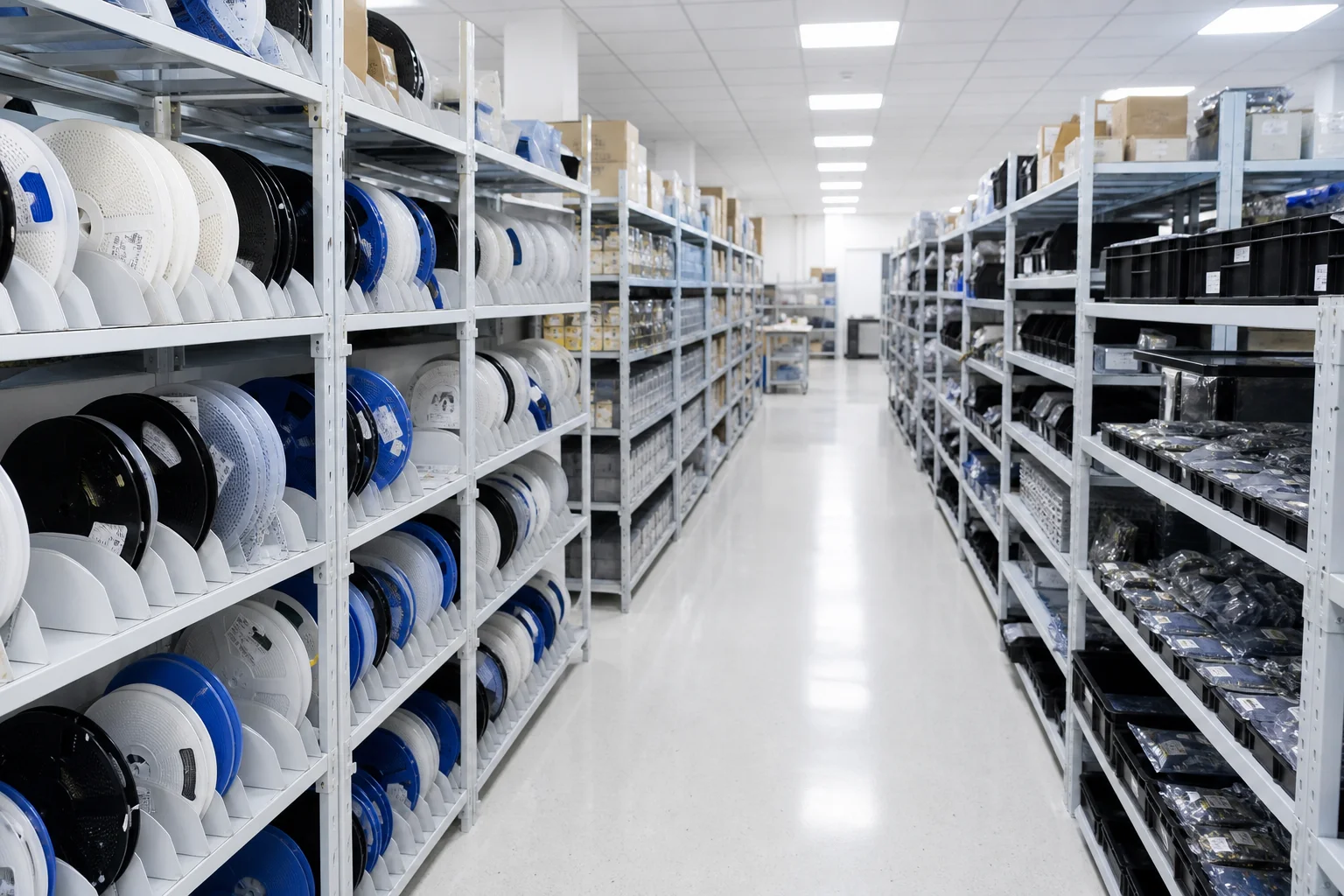 Electronics component warehouse with reels and trays