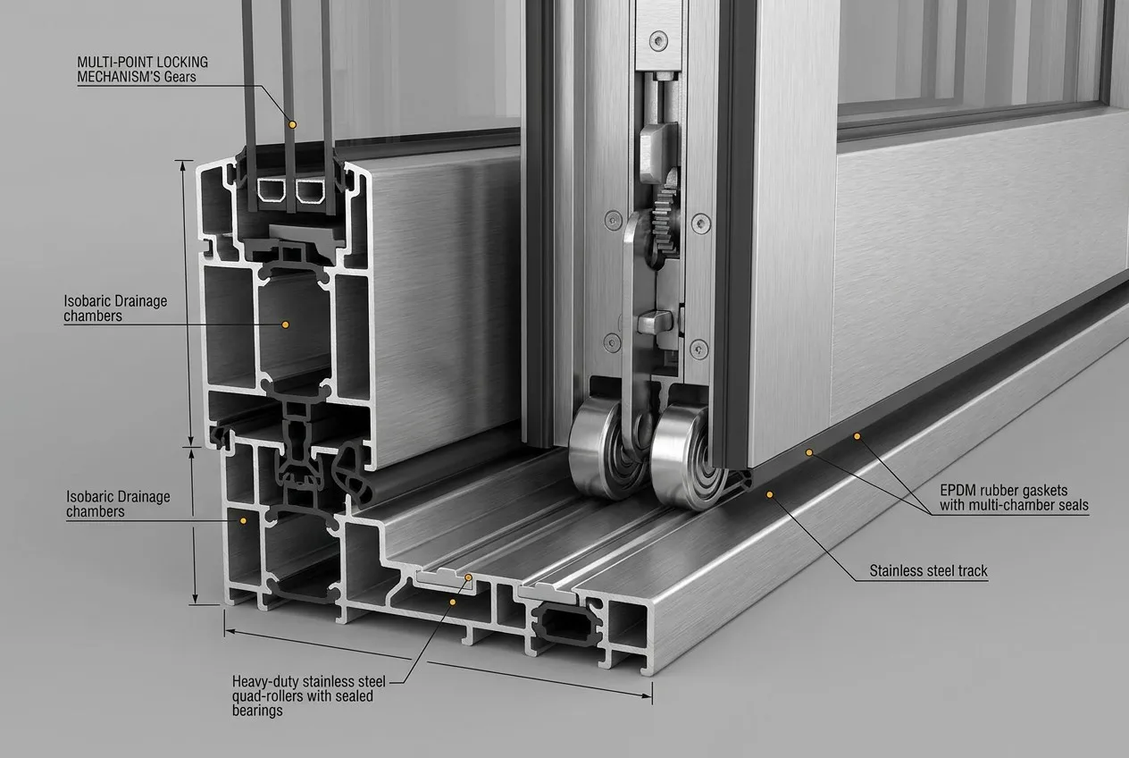 Technical 3D Render of Aluminum Folding Door Roller and Track System