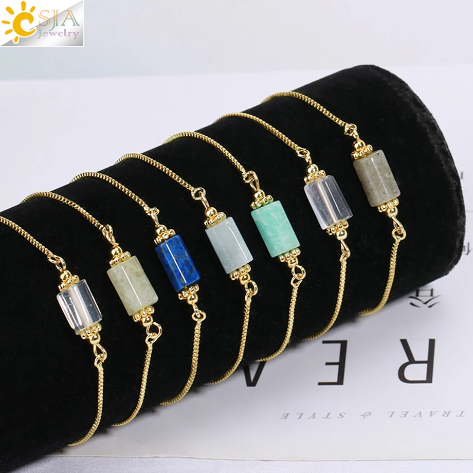 

CSJA New Adjustable Gold Color 316L Stainless Steel Faceted Gemstone Cylinder Natural Healing Stone Crystal Bracelets Women H128