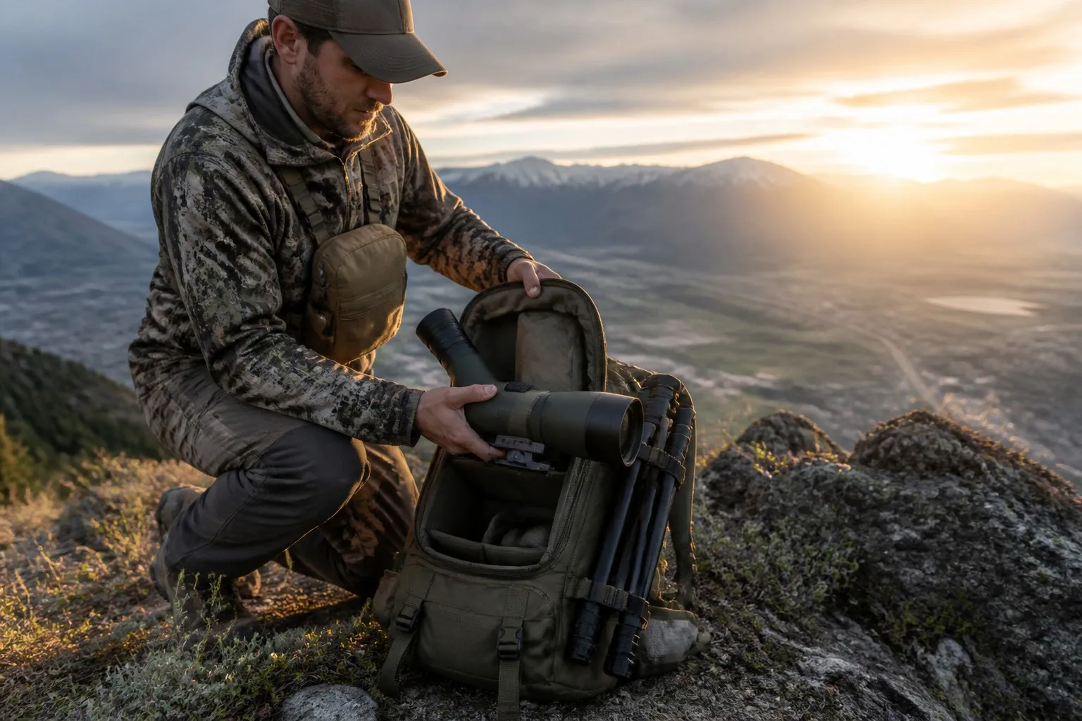 info-1-1 Hunter deploying a spotting scope from a padded optics carrier backpack with tripod unfolding at a mountain vantage point