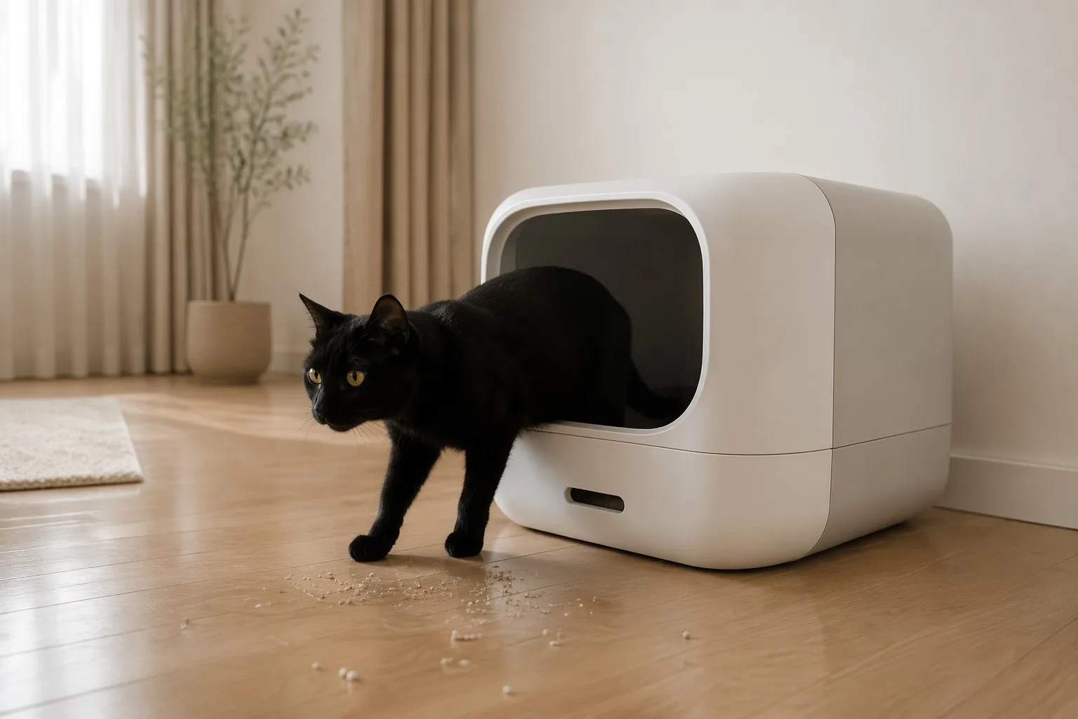 Cat walking out of litter box with tracking particles - low tracking cat litter testing guide