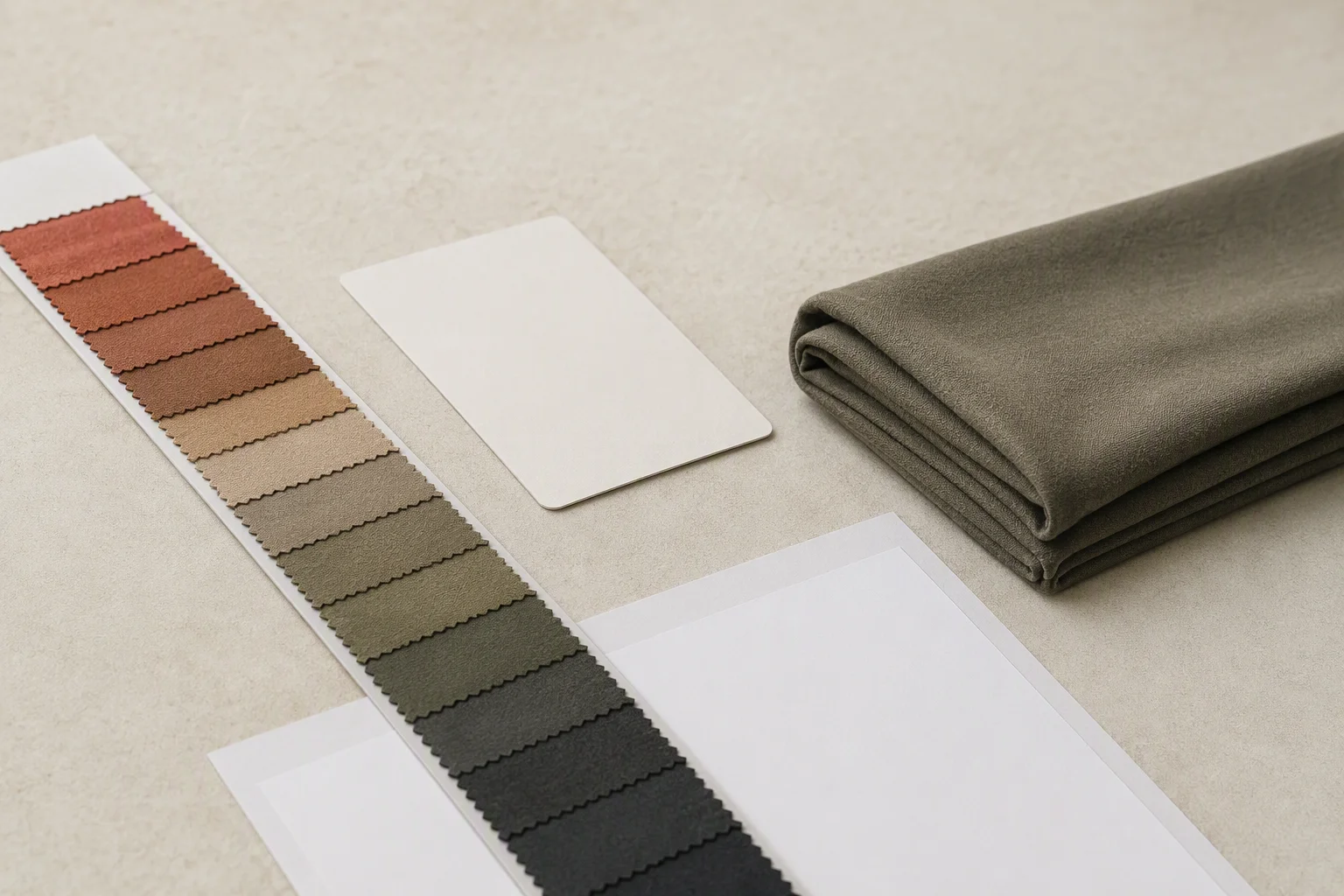 Hijab color development in a factory lab with lab dip swatches, a spectrophotometer, and a light booth comparing shades