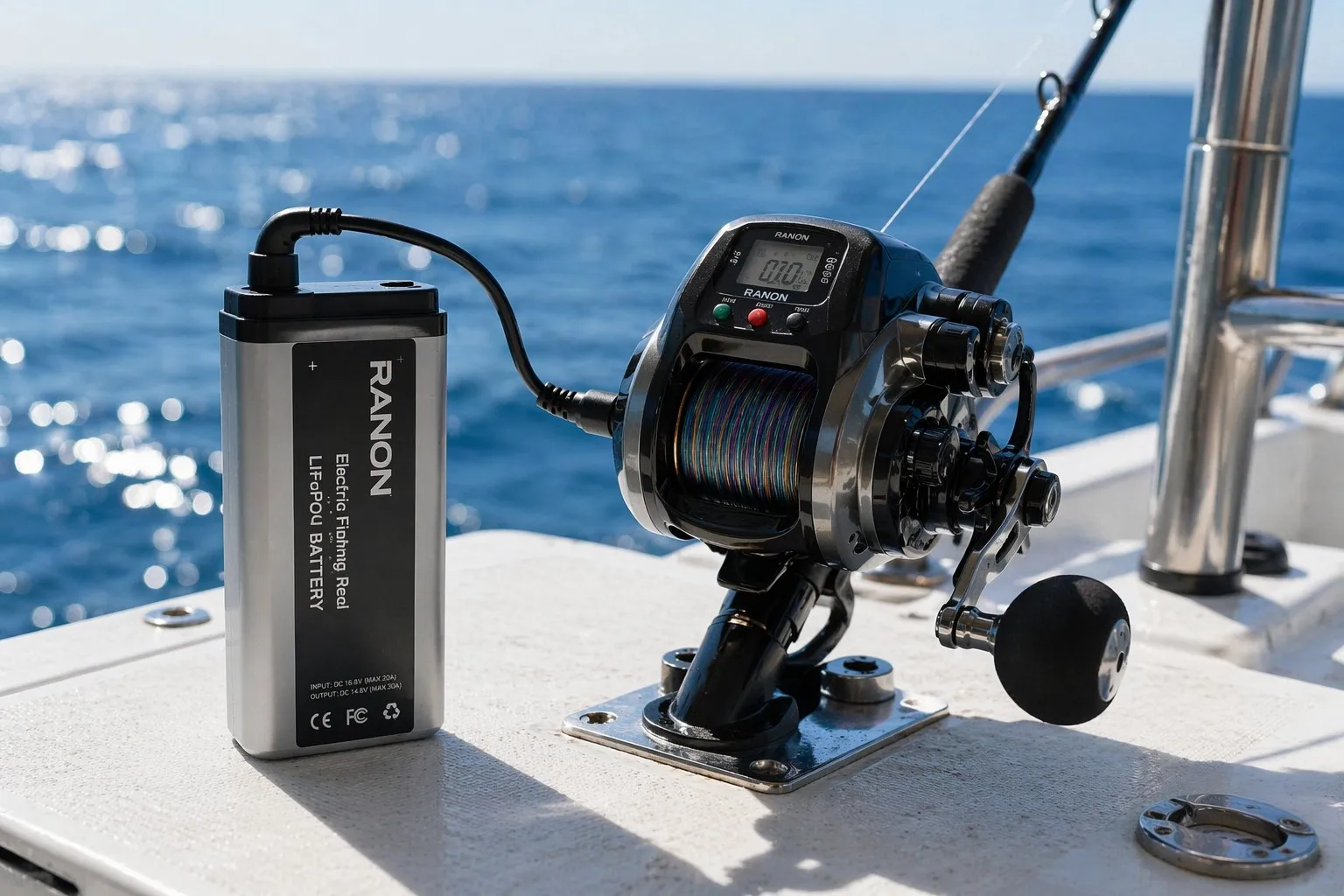 RANON 5Ah vs 10Ah Electric Reel Battery Buying Guide RANON electric fishing reel battery connected directly to an electric reel on an offshore boat deck