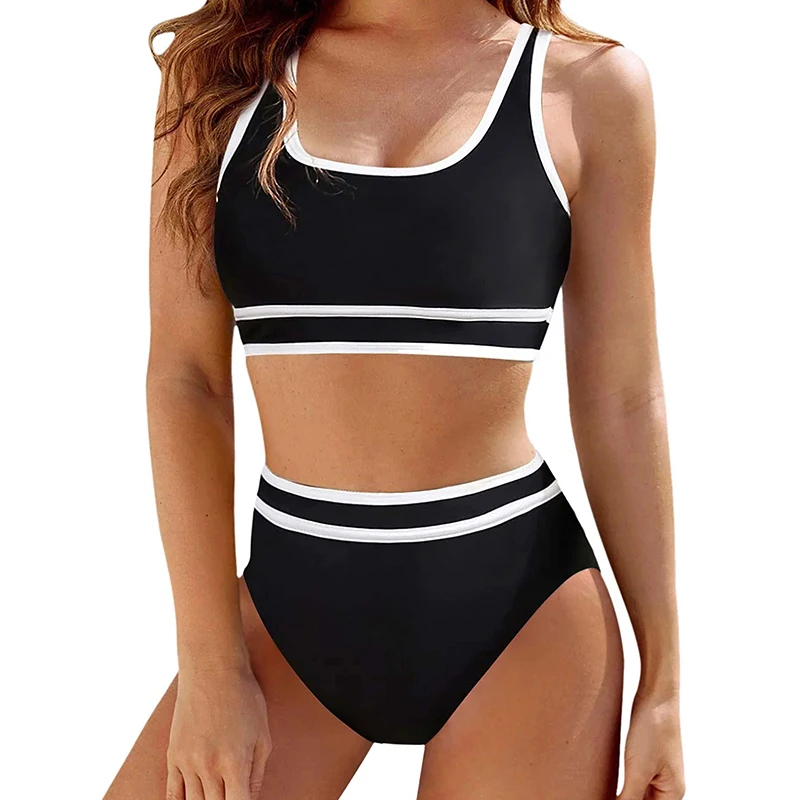 Sporty High Waisted U Neck Block Swimsuit
