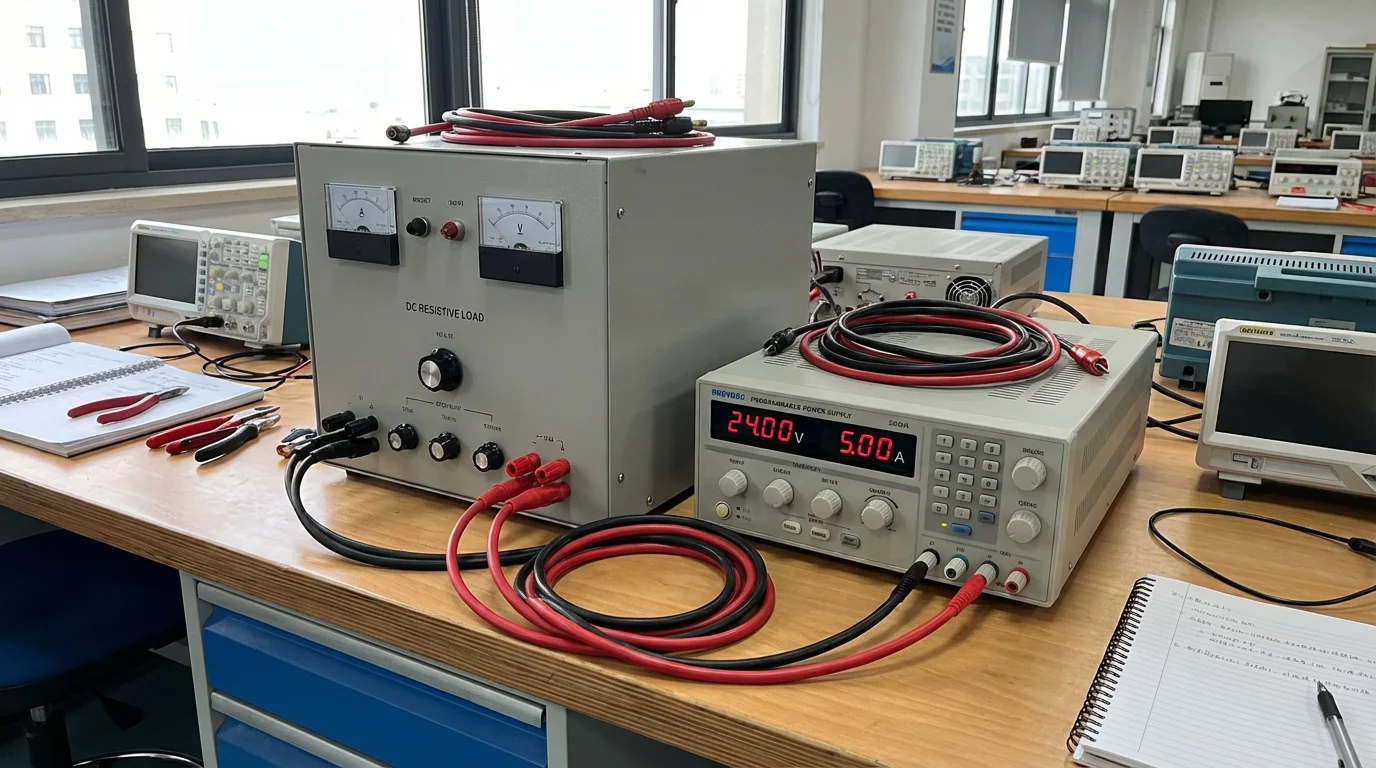 Load box connected to power supply on lab bench