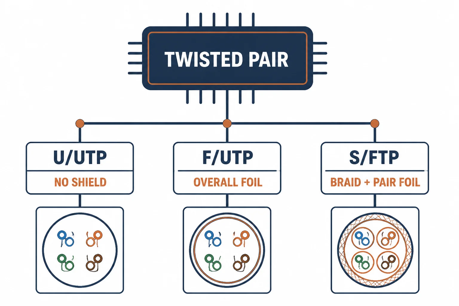 Family tree of twisted pair cable screening types U/UTP, F/UTP and S/FTP