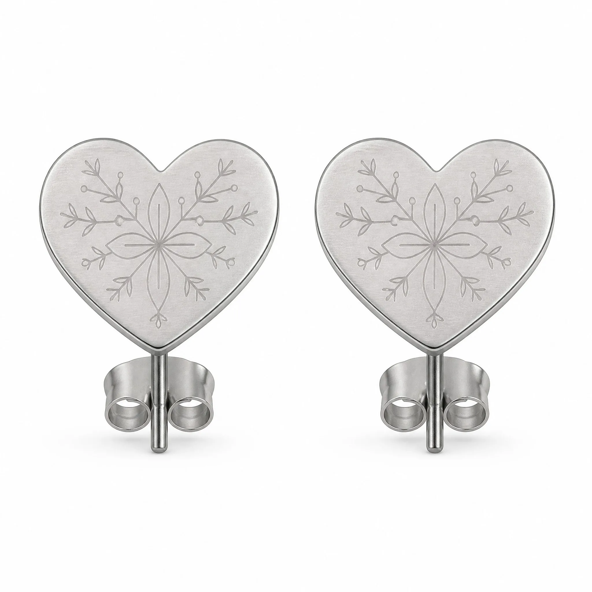 Laser engraved heart stud earrings