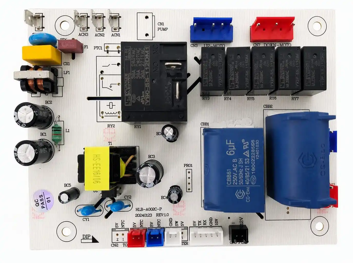 Portable AC PCBA control board with hose up/down motor connectors, run capacitor and NTC
