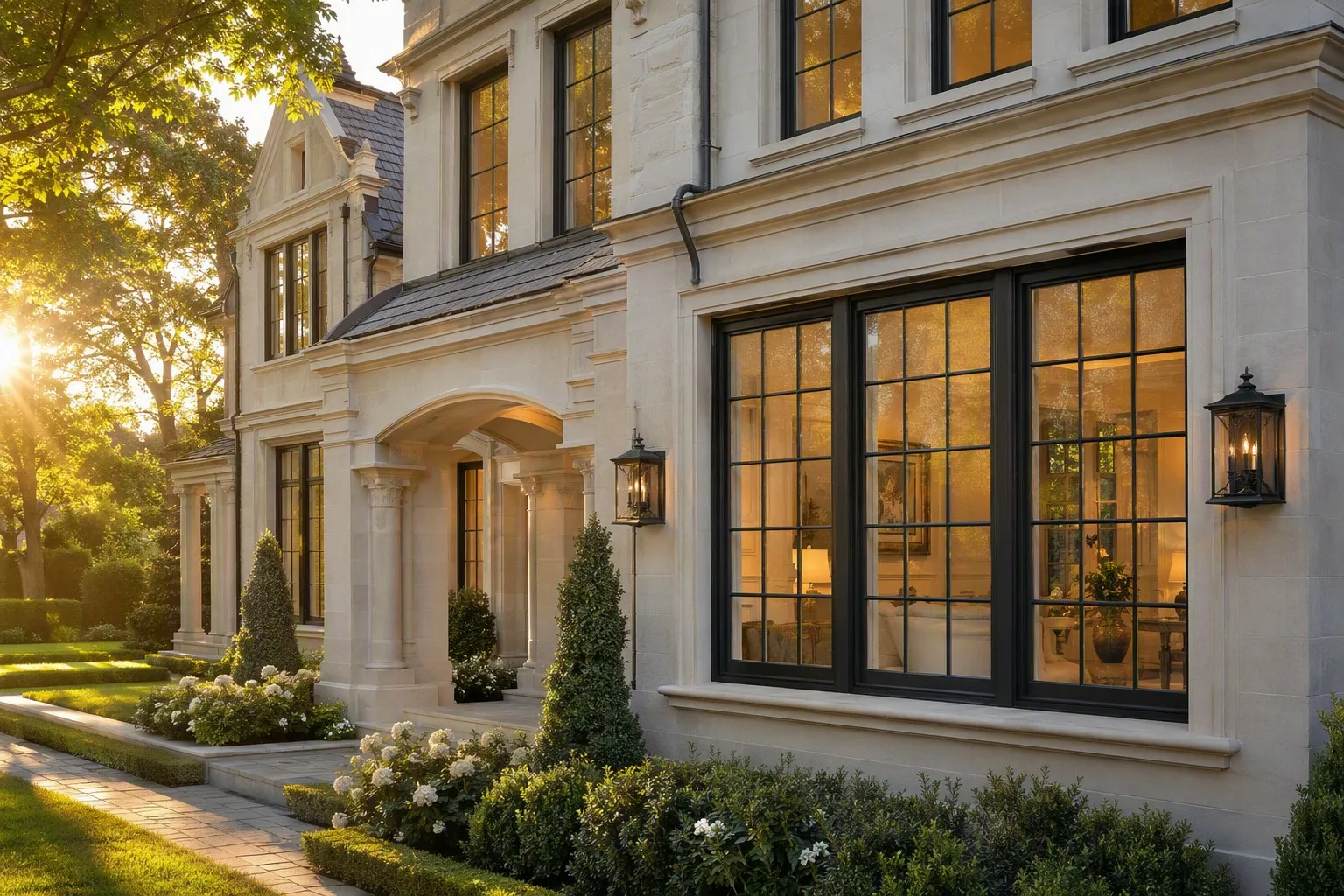 Classic luxury villa with black aluminum double hung windows traditional grid pattern garden