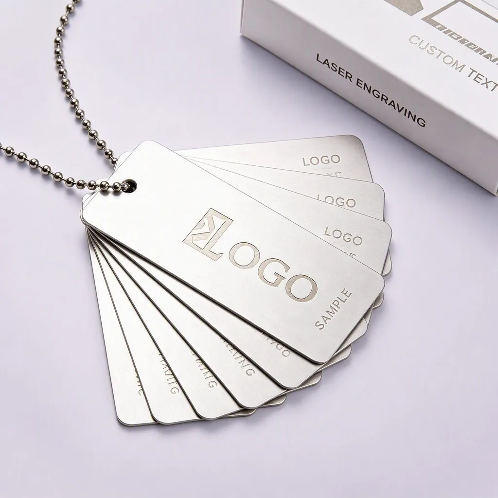 Fan of laser engraved logo sample dog tags on lavender studio backdrop